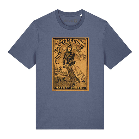 1880's Swedish matchbox skater label T-shirt Blue grey